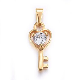 304 Stainless Steel Pendants, with Cubic Zirconia, Key with Heart