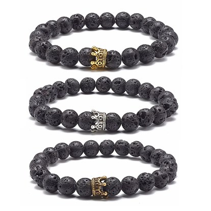 Natural Lava Rock Stretch Bracelet, Crown Tibetan Style Alloy Bead Bracelet, Anti Depression and Anxiety Relief Items Gifts For Men Women