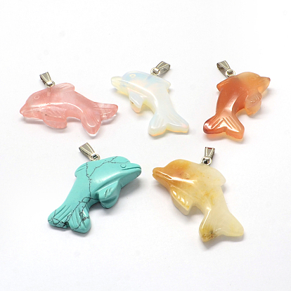 Dolphin Mixed Stone Pendants, with Platinum Tone Brass Findings, 48.5x28x8.5mm, Hole: 2x7mm