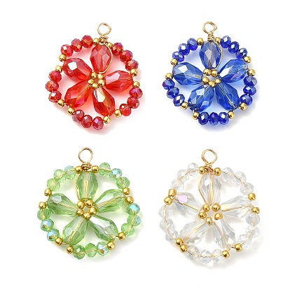 Cooper Wire Wrapped Electroplate Glass Pendants, Flower Charm, Faceted, Light Gold