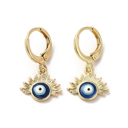 Evil Eye Real 18K Gold Plated Brass Dangle Leverback Earrings, with Enamel
