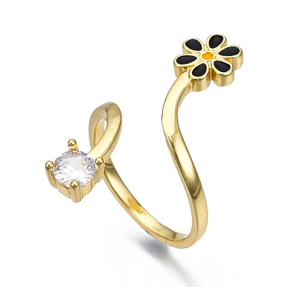 Brass Micro Pave Cubic Zirconia Cuff Rings, Open Rings, with Enamel, Cadmium Free & Nickel Free & Lead Free, Real 16K Gold Plated, Flower