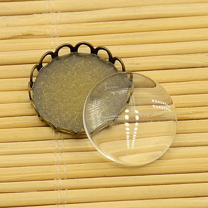 Brass Cabochon Settings and Flat Round Transparent Clear Glass Cabochons, Tray: 18mm, Glass: 18x4mm