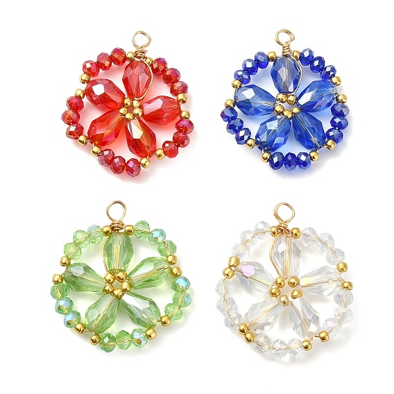Cooper Wire Wrapped Electroplate Glass Pendants, Flower Charm, Faceted, Light Gold