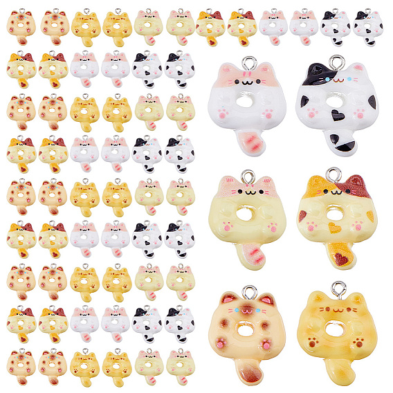48Pcs 6 Colors Resin Pendants, Cat, with Platinum Iron Loop