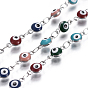 304 Stainless Steel Link Chains, with Enamel, Soldered, Flat Round with Evil Eye