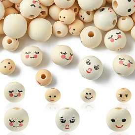 140Pcs 7 Styles  Printed Wood Beads, Round with Smiling Face Pattern, Undyed