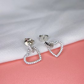 925 Sterling Silver Micro Pave Cubic Zirconia Stud Earrings for Women, with S925 Stamp, Heart