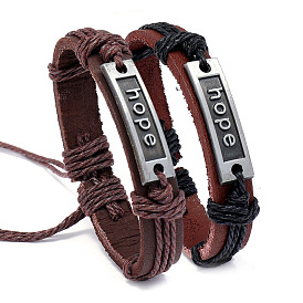 Adjustable Cowhide Cord Bracelets for Men, Antique Silver Tone Word Hope Alloy Links Bracelets
