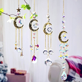 Metal Moon Hanging Ornaments, Glass Tassel Suncatchers for Home Garden Ornament