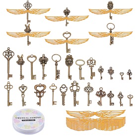SUNNYCLUE 46Pcs Key Zinc Alloy Pendant, with 50Pcs Wings Decoration, for DIY Jewelry, Paper Cake Insert Card Decoration, Elastic Crystal Thread
