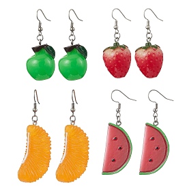 4 Pairs 4 Styles Resin Fruit Dangle Earrings, with 316 Surgical Stainless Steel Earring Hooks