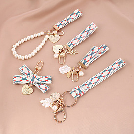 Pearl Heart Car Alloy Keychain Pendant Vintage Striped Ribbon Accessory Decoration