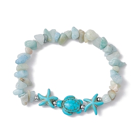 Natural Amazonite & Synthetic Turquoise Beaded Stretch Bracelets for Women, Turtles & Starfish