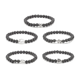 Natural Lava Rock & Alloy Beaded Stretch Bracelet, Essential Oil Gemstone Jewelry for Women