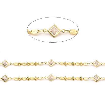 Handmade Clear Cubic Zirconia Rhombus Link Chains, with Brass Dapped Chains, Lead Free & Cadmium Free, Soldered, with Spool