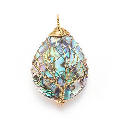 Abalone Shell/Paua Shell Wire Wrapped Big Pendants, with Brass Findings, Teardrop with Tree