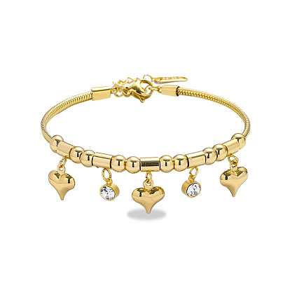 304 Браслеты из нержавеющей стали с подвесками из страз, браслеты из змеиной цепи для женщин, Сердце & плоские круглые