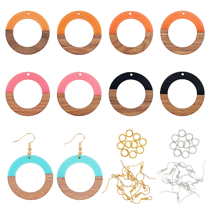 Kits de fabrication de boucles d'oreilles pendantes colorées à faire soi-même, 2 pcs bague résine & pendentifs en bois de noyer, crochets de boucle d'oreille en laiton et 10 styles anneaux de saut