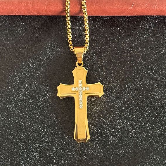 Religion 304 Colliers pendentifs en acier inoxydable, cristal et strass pour hommes, croix