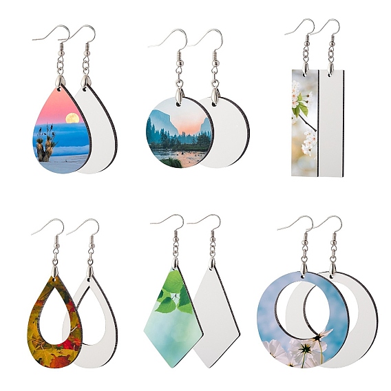 6 Sets 6 Style DIY Sublimation Blank Earring Making Finding Kit, Including MDF Wooden Earring Charm, Sublimation Printing Unfinished Earring Blank Charm, 304 Stainless Steel Earring Hooks