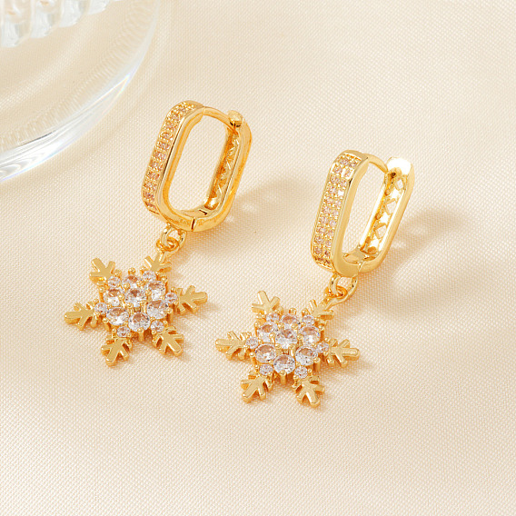 Элегантные латунные серьги-кольца со снежинками из прозрачного кубического циркония