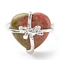 Gemstone Heart with Bowknot Adjustable Ring, Platinum Plated Brass Jewelry for Women, Cadmium Free & Lead Free