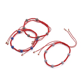 Adjustable Nylon Thread Braided Bead Bracelets, Red String Bracelets, with Round Polymer Clay Rhinestone Beads and Brass Beads