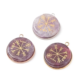3Pcs 3 Styles Natural Amethyst Pendants, with 304 Stainless Steel Findings, Flat Round with Nordic Pagan Pattern