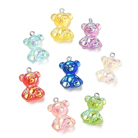 Transparent Resin Pendants, Iridescent Bear Charms with Platinum Plated Iron Loops