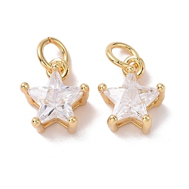 Brass Micro Pave Clear Cubic Zirconia Charms, with Jump Ring, Cadmium Free & Lead Free, Star