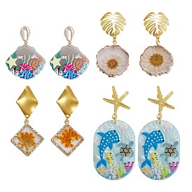 4 Pairs 4 Styles Epoxy Resin(with Dried Flower inside) & Cellulose Acetate(Resin) Dangle Stud Earring Sets, with Metal Earring Findings and Ear Nuts, Mixed Shapes, Golden