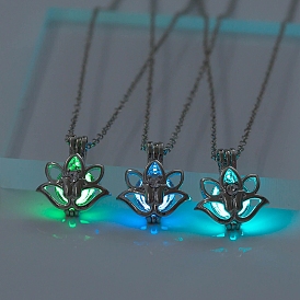 Alloy Flower Pendant Necklaces, Cable Chain Necklaces, with Luminous Stone