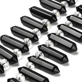 Natural Obsidian Double Terminated Point Beads Strands, with Glass Beads, Faceted Bullet, Top Drilled