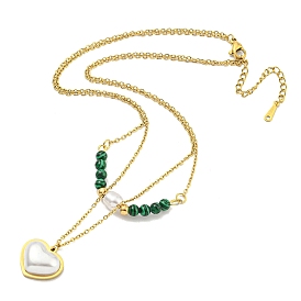 Ion Plating(IP) 201 Stainless Steel & Synthetic Malachite Double Layer Necklaces, Plastic Pearl Heart Pendant Necklaces