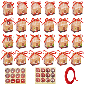 Christmas Cardboard Candy Boxs, with Paper Stickers and Polyester Ribbon, House Shape