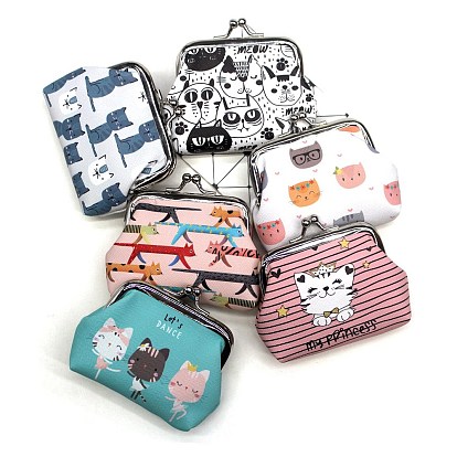 Cute Cat PU Leather Wallets, Coin Purses, Change Purse with Platinum Tone Alloy Findings for Women & Girls
