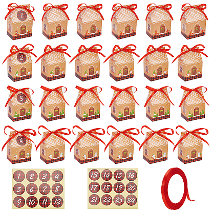 Christmas Cardboard Candy Boxs, with Paper Stickers and Polyester Ribbon, House Shape
