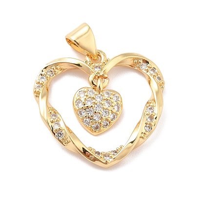 Rack Plating Brass Micro Pave Clear Cubic Zirconia Pendants, Long-Lasting Plated, Heart