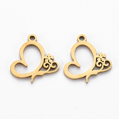 Ion Plating(IP) 201 Stainless Steel Charms, Cut, Heart with Flower
