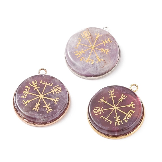 3Pcs 3 Styles Natural Amethyst Pendants, with 304 Stainless Steel Findings, Flat Round with Nordic Pagan Pattern