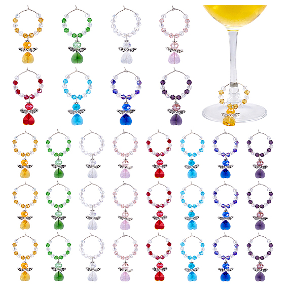 32шт 8 цвета стеклянный ангел винный бокал подвески, с латунным кольцом-подвеской для бокала для вина