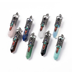 Gemstone Big Pendants, 7 Chakra Faceted Bullet Charms, with Rack Plating Antique Silver Tone Alloy Crown Findings, Cadmium Free & Lead Free