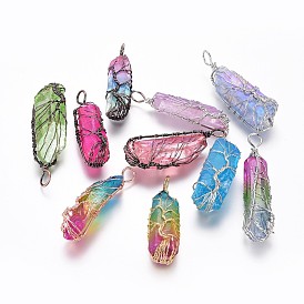Electroplate Natural Quartz Crystal Big Wire Wrapped Pendants, with Brass Findings, Bullet