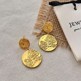 Плоские круглые серьги-гвоздики из латуни с узором из роз