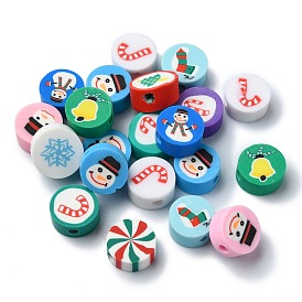 Christmas Theme Handmade Polymer Clay Beads, Flat Round with Mixed Pattern