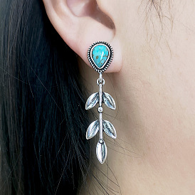 Rongyu creative long earrings water drop leaf shape color retro turquoise ear jewelry