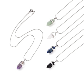 5Pcs 5 Style Natural Mixed Gemstone Bullet Pendant Necklaces Set with 304 Stainless Steel Snake Chains for Women, Stainless Steel Color