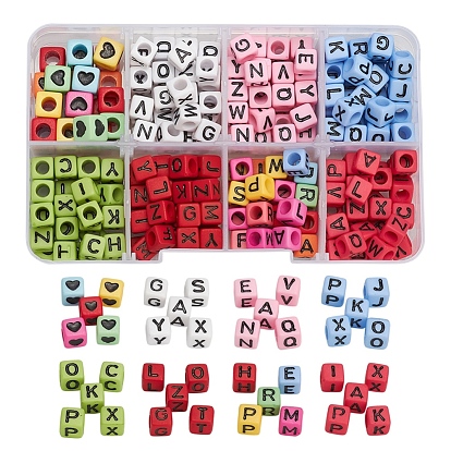 310Pcs 8 Style Opaque Acrylic Beads, Horizontal Hole, Cube