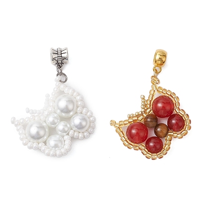 Seed Beads Beaded Charms, with Glass Pearl & Natural Carnelian & Natural Tiger Eye Beads, Butterfly Pendants